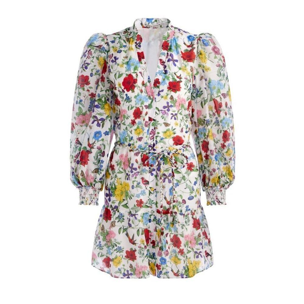 Alice + Olivia White Floral Mini Dress with Red, Yellow, Blue, Pink Accents